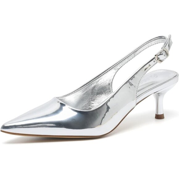 Amoji Women Silver-pu Polyurethane Low Kitten Heel Slingback Pointed Toe Sandals - Picture 1 of 9